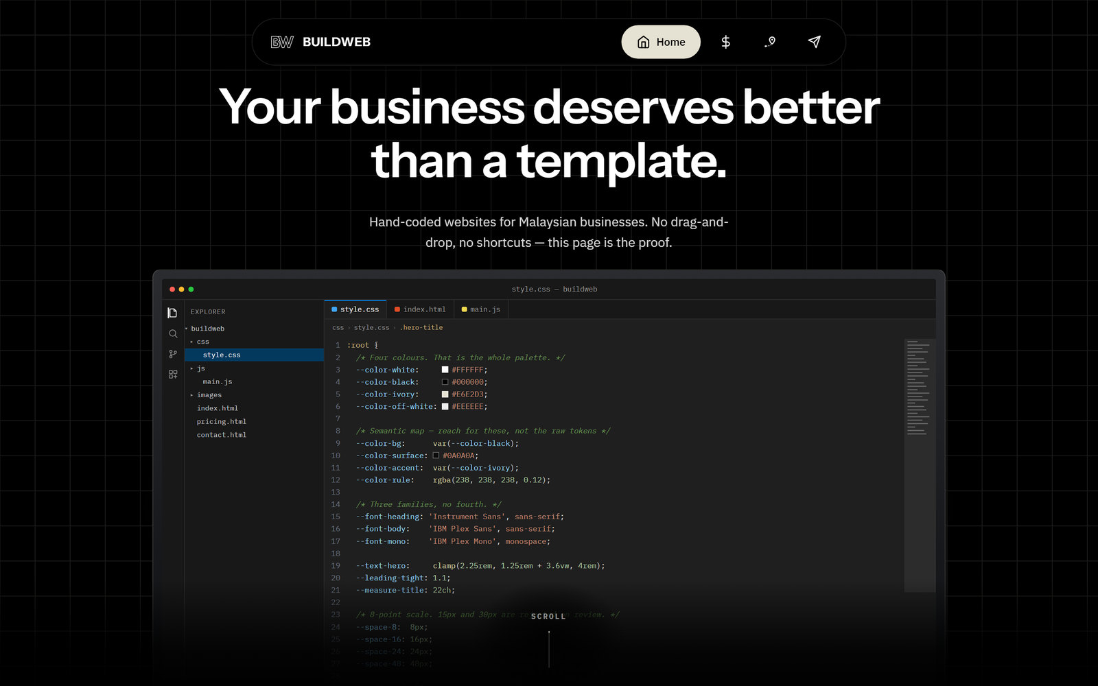 This site's homepage: the headline reading Your business deserves better than a template, above a code editor showing the stylesheet.