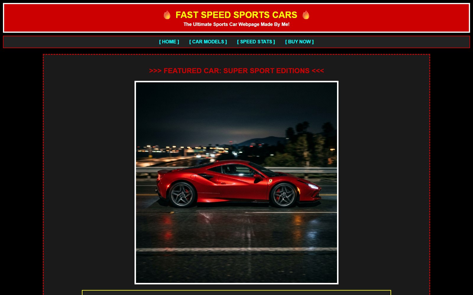 The first webpage I built: a sports car page in red on black, with a flame-bracketed title and bracketed text links.