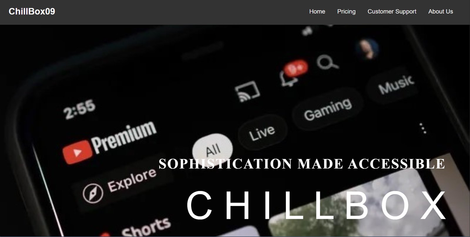 Version two: the ChillBox landing page, a dark full-bleed photo of a phone screen under a serif headline reading Sophistication Made Accessible.