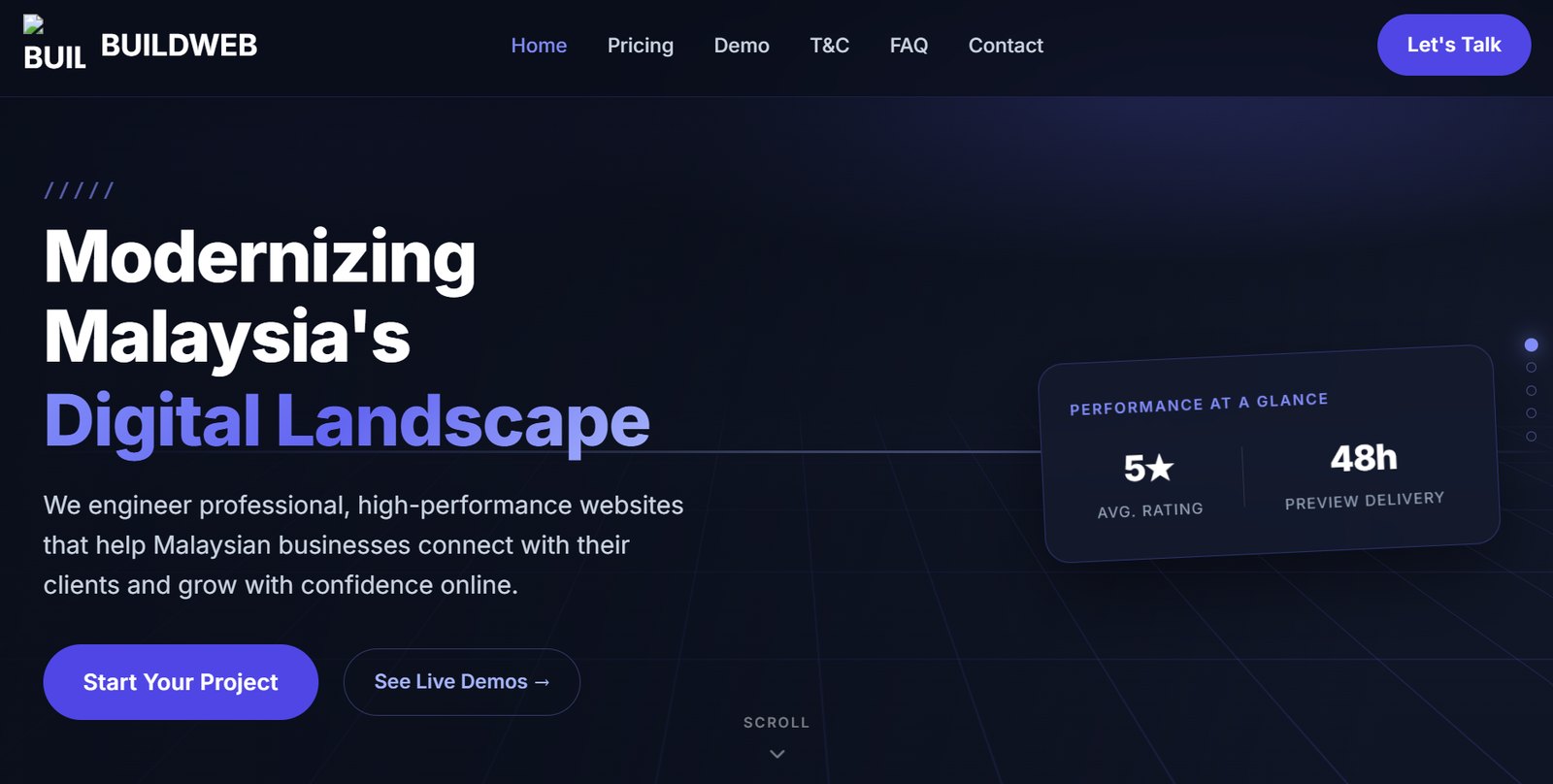 Version three: the first BUILDWEB site, a purple-on-navy hero reading Modernizing Malaysia's Digital Landscape beside a stats card.