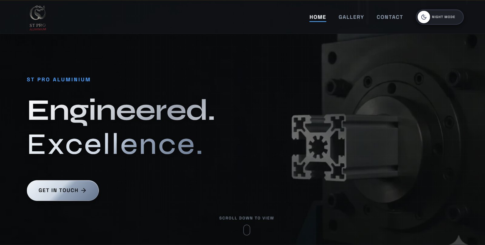 Version four: an aluminium fabricator's site, the word Engineered. Excellence. in brushed-metal type beside a dark photograph of an extruded profile.